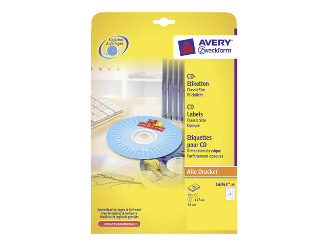 Etichette Avery CD/DVD Labels – Bianco – 117 mm round 50 etichette (25 foglio(i) x 2) etichette CD/DVD AVERY [ TT-761261 ]