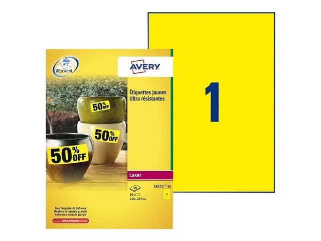 Etichette Avery Zweckform – Poliestere – adesivo – giallo – A4 (210 x 297 mm) 20 etichette etichette AVERY [ TT-754060 ]