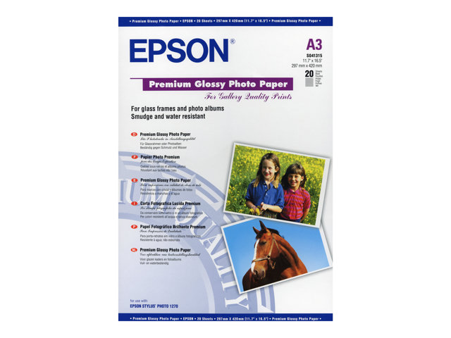Carta fotografica Epson Premium – Lucido – A3 (297 x 420 mm) – 255 g/m² – 20 fogli carta fotografica – per Expression Photo XP-970; SureColor SC-P700, P900, T2100, T3100, T3405, T5100, T5400, T5405 EPSON [ TT-746243 ]