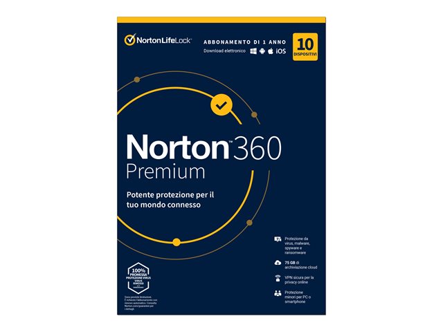 Software Norton 360 Premium – Box pack (1 anno) – 10 dispositivi, 75 GB di spazio storage su cloud – Download – Win, Mac, Android, iOS – Italiano NORTON [ TT-761003 ]