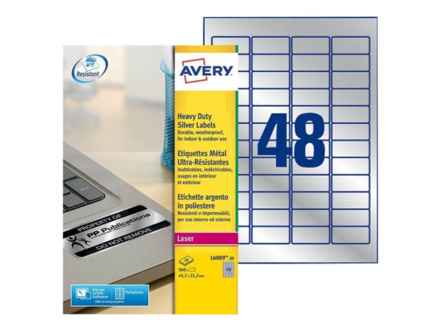 Etichette Avery Heavy Duty Laser Labels – Poliestere – argento – 45.7 x 21.2 mm 960 etichette (20 foglio(i) x 48) etichette AVERY [ TT-750064 ]