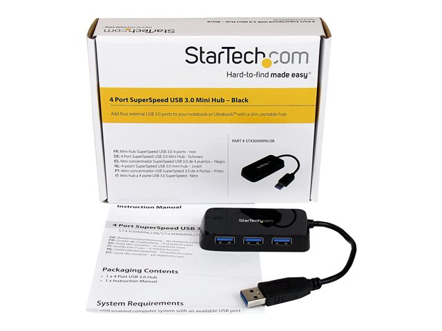 Cavi adattatori e interfacce per PC StarTech.com Hub Mini USB 3.0 SuperSpeed a 4 porte portatile – Nero – Hub – 4 x SuperSpeed USB 3.0 – desktop – per P/N: FCREADMICRO3, MSDREADU3CA, USB3S2ESATA3 STARTECH [ TT-747384 ]