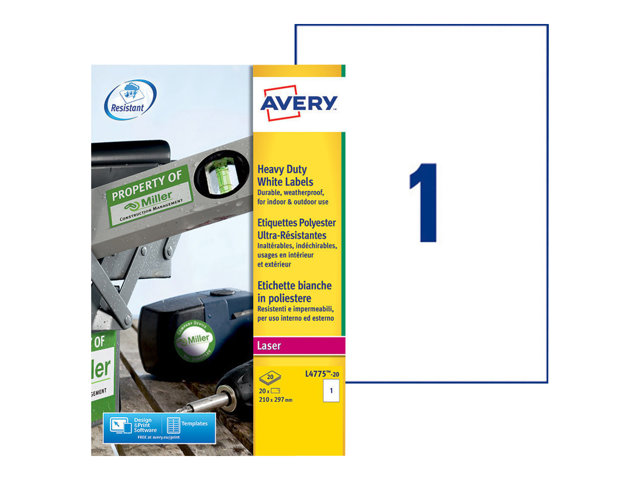 Etichette Avery Heavy Duty Laser Labels – Poliestere – A4 (210 x 297 mm) 20 pezzi (20 foglio(i) x 1) etichette AVERY [ TT-748735 ]