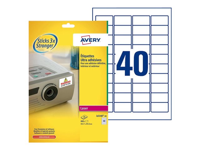 Etichette Avery TripleBond Labels L6140 – Adesivo permanente – bianco – 25.4 x 45.7 mm 800 etichette (20 foglio(i) x 40) etichette AVERY [ TT-763414 ]