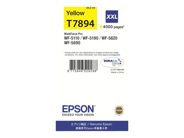 Cartucce e toner ink-laser originali Epson T7894 – 34.2 ml – misura XXL – giallo – originale – cartuccia d’inchiostro – per WorkForce Pro WF-5110DW, WF-5190DW, WF-5190DW BAM, WF-5620DWF, WF-5690DWF, WF-5690DWF BAM EPSON [ TT-762284 ]