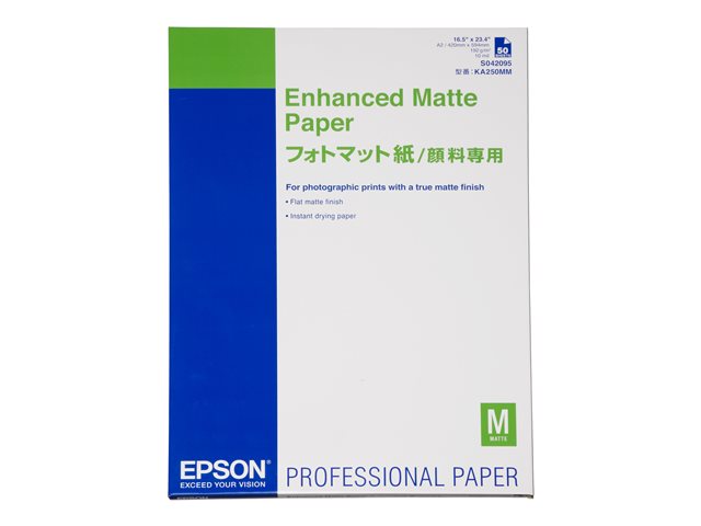 Carta fotografica Epson Enhanced Matte – Opaca – 260 micron – A2 (420 x 594 mm) – 192 g/m² – 50 fogli Carta – per SureColor P5000, SC-P7500, P900, P9500, T2100, T3100, T3400, T3405, T5100, T5400, T5405 EPSON [ TT-750600 ]