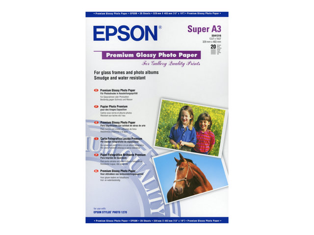 Carta fotografica Epson Premium – Lucido – Super A3/B (330 x 483 mm) – 255 g/m² – 20 fogli carta fotografica – per SureColor SC-P700, P7500, P900, P9500, T2100, T3100, T3400, T3405, T5100, T5400, T5405 EPSON [ TT-746384 ]