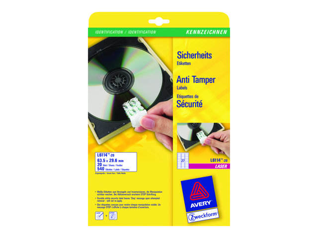 Etichette Avery Anti-tamper Label – Polimero – bianco – 29.6 x 63.5 mm 540 pezzi (20 foglio(i) x 27) etichette AVERY [ TT-758152 ]