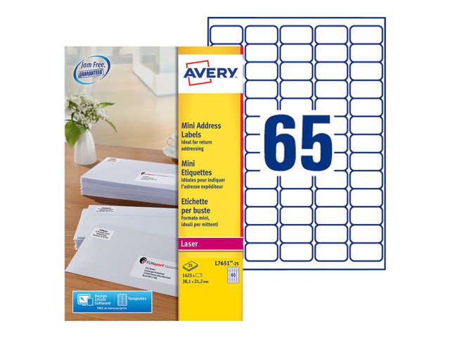 Etichette Avery – Bianco – A4 (210 x 297 mm) 1625 etichette (25 foglio(i) x 65) Etichette per indirizzi AVERY [ TT-751497 ]