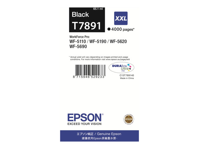Cartucce e toner ink-laser originali Epson T7891 – 65.1 ml – misura XXL – nero – originale – cartuccia di stampa – per WorkForce Pro WF-5110DW, WF-5190DW, WF-5190DW BAM, WF-5620DWF, WF-5690DWF, WF-5690DWF BAM EPSON [ TT-760824 ]