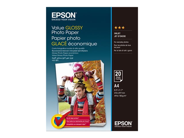 Carta fotografica Epson Value – Lucido – A4 (210 x 297 mm) – 183 g/m² – 20 fogli carta fotografica – per Expression Home XP-255, 257, 352, 355, 452, 455; Expression Home HD XP-15000 EPSON [ TT-753310 ]