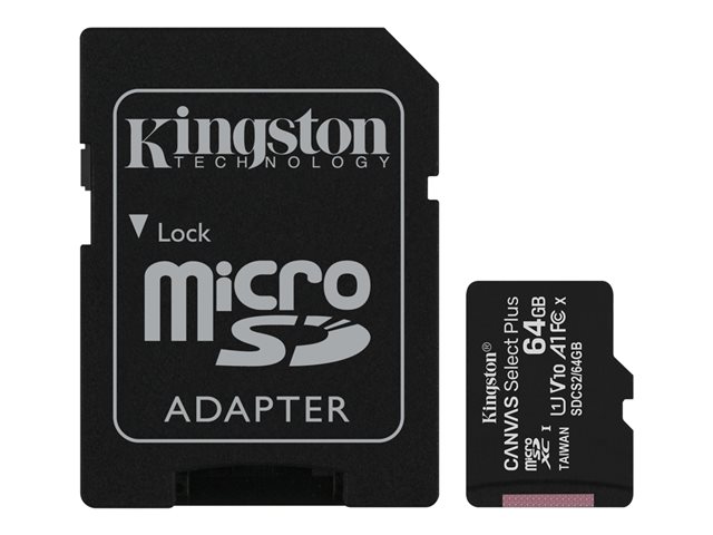 Supporti di memorizzazione Kingston Canvas Select Plus – Scheda di memoria flash (adattatore da microSDXC a SD in dotazione) – 64 GB – A1 / Video Class V10 / UHS Class 1 / Class10 – UHS-I microSDXC (pacchetto di 2) KINGSTON [ TT-760038 ]
